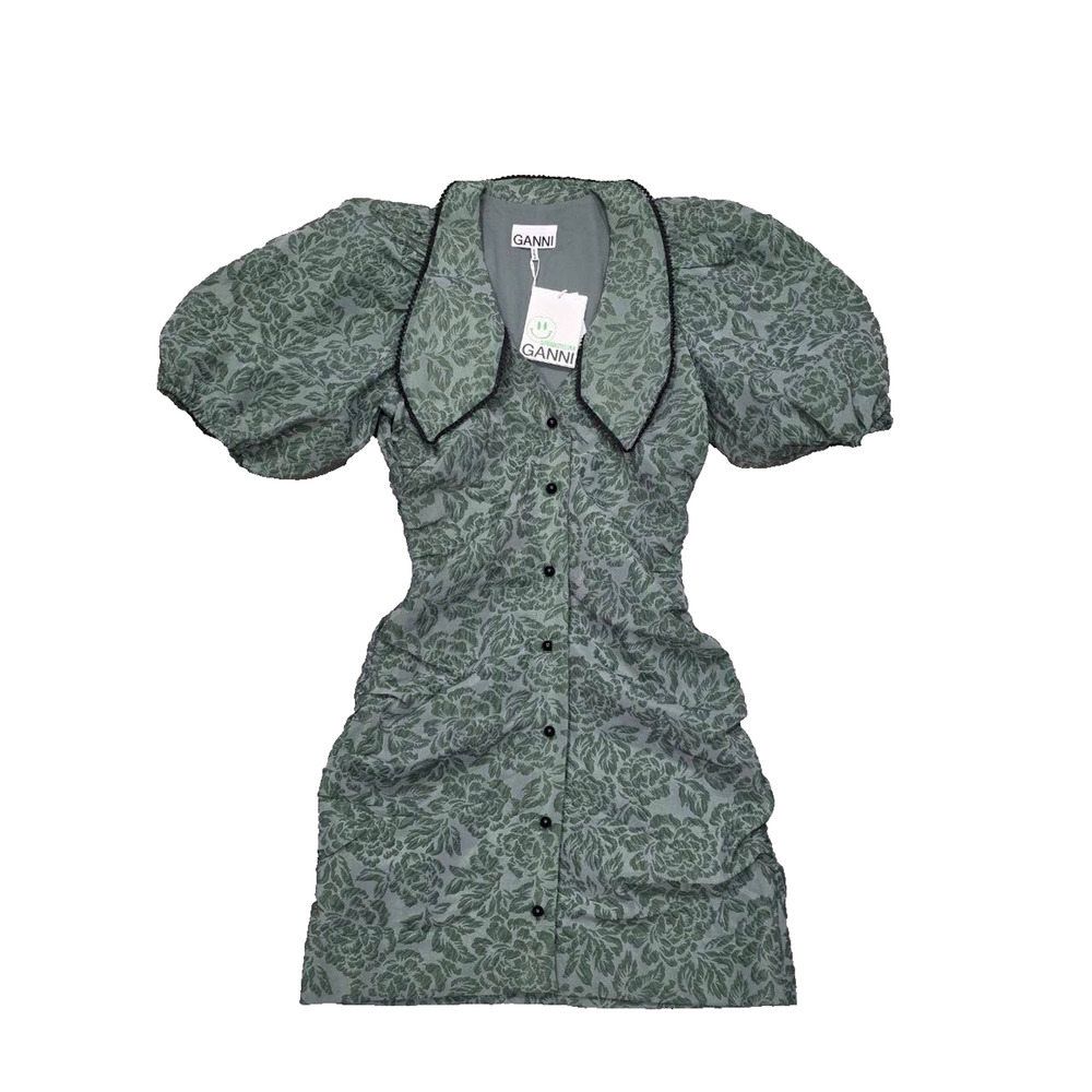 GANNI Organza Mini Dress Size 36 Myrtle Jacquard Balloon coquette fairy A004055 - Picture 4 of 13